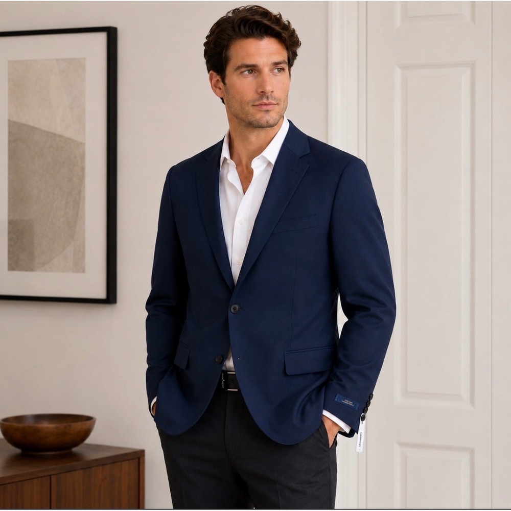 Stafford Mens Coolmax EcoMade Navy Blue Wool Blazer 48 Long Sport Coat Jacket